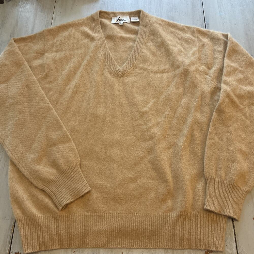 Abaca Tan V Neck 100% Cashmere Sweater Men’s XL Academia Classic